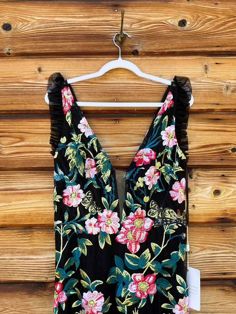 NWT Mac Duggal Embroidered Floral Plunge Neck Trumpet Gown Black Multi Size 10 - Picture 11 of 15